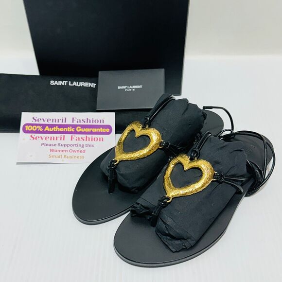 Saint Laurent Love Gold Heart EU 37 US 7 Gladiator Sandals Black Leather NIB - Picture 3 of 9